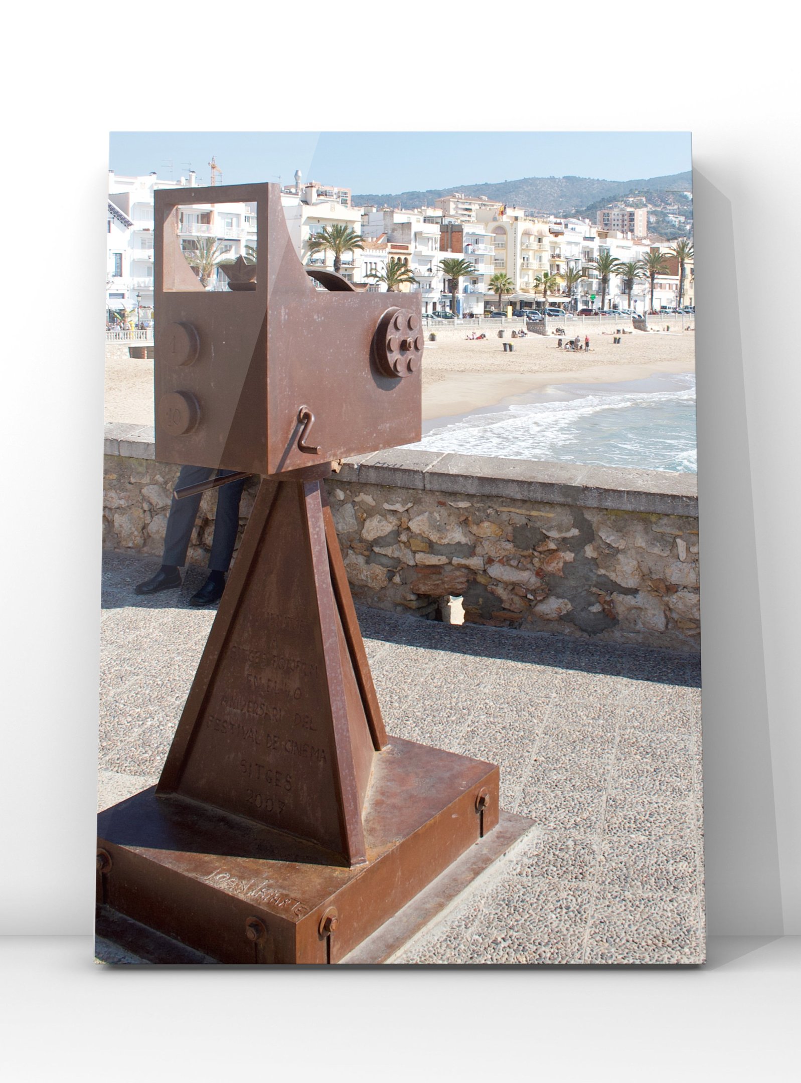 Vintage Sitges Poster with Sitges Beach Vantage Point and Iron Camera Sculpture by Joan Iriarte