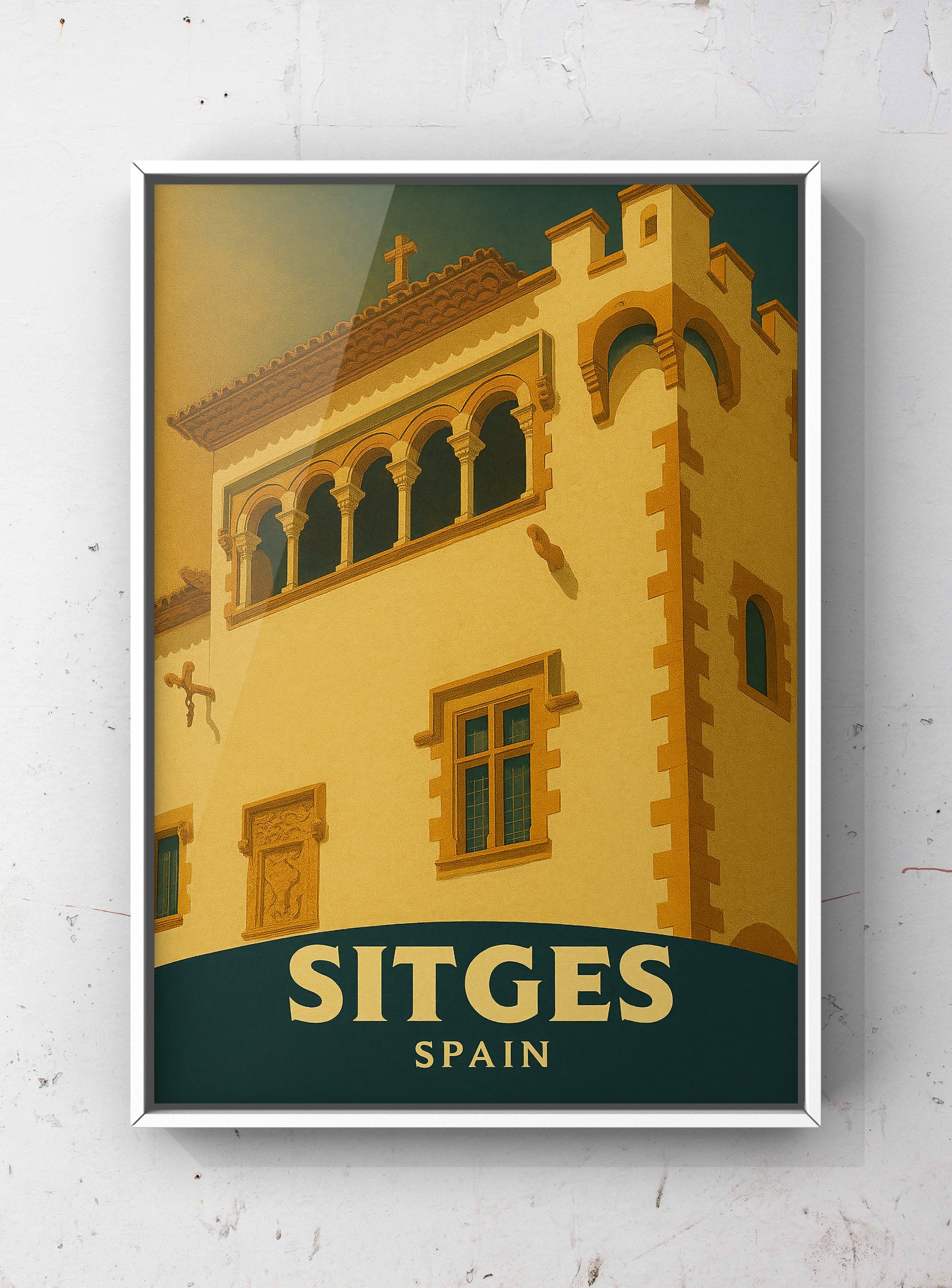 Sunny Spanish Architecture Vintage-styled Travel Poster of Sitges in Spain Maricel Palace framed