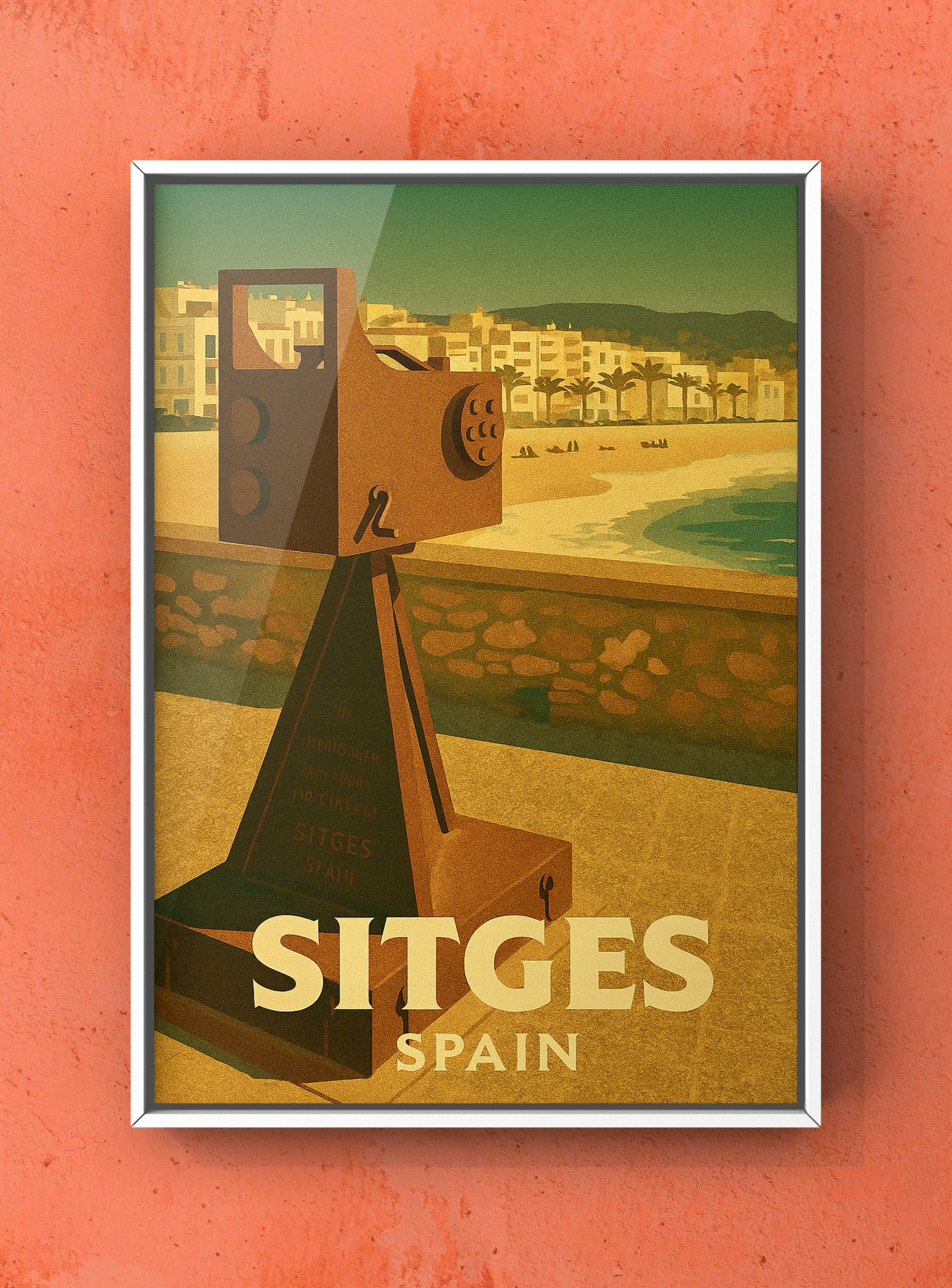 Vintage Sitges Poster with Sitges Beach Vantage Point and Iron Camera Sculpture by Joan Iriarte