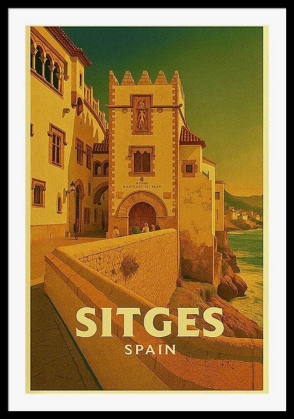 Vintage Travel Poster: Sitges, Spain - Seaside View of Maricel Palace
