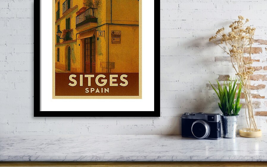 Sitges Street Corner - A Vintage Spanish Coastal Vibe Travel Poster Framed Print