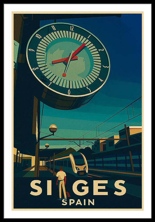 Vintage Sitges Travel Poster - Railway Station Clock and Train Framed Print