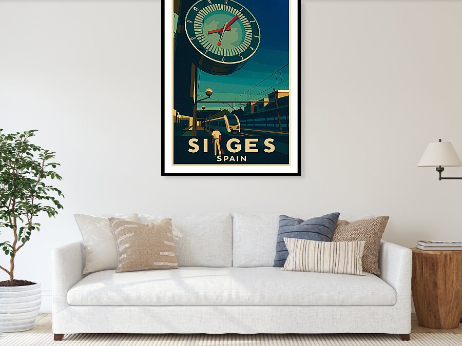 Vintage Sitges Travel Poster - Railway Station Clock and Train Framed Print