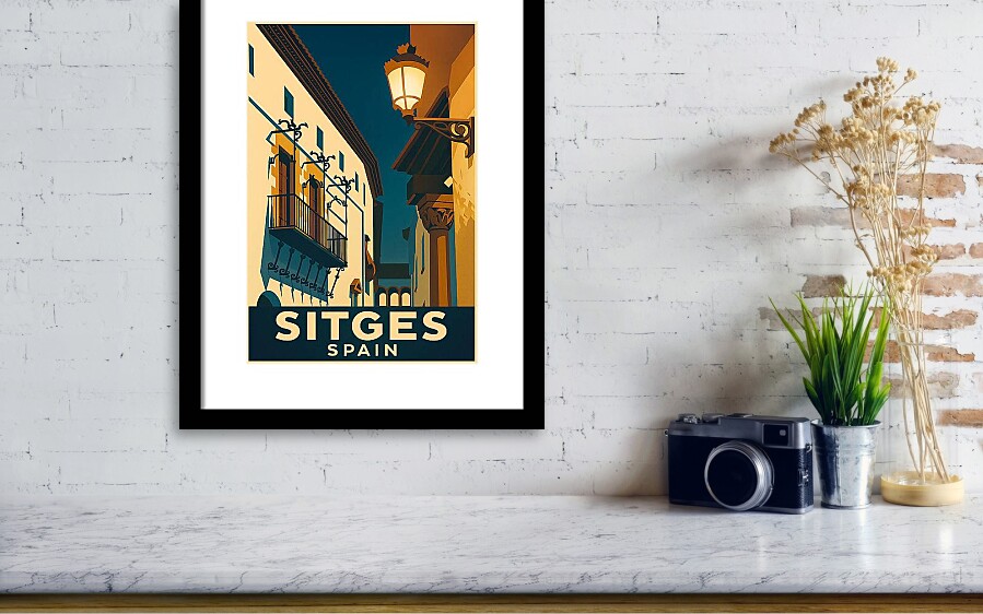 Vintage Sitges Travel Poster - Romantic Spanish Balcony at Night Framed Print
