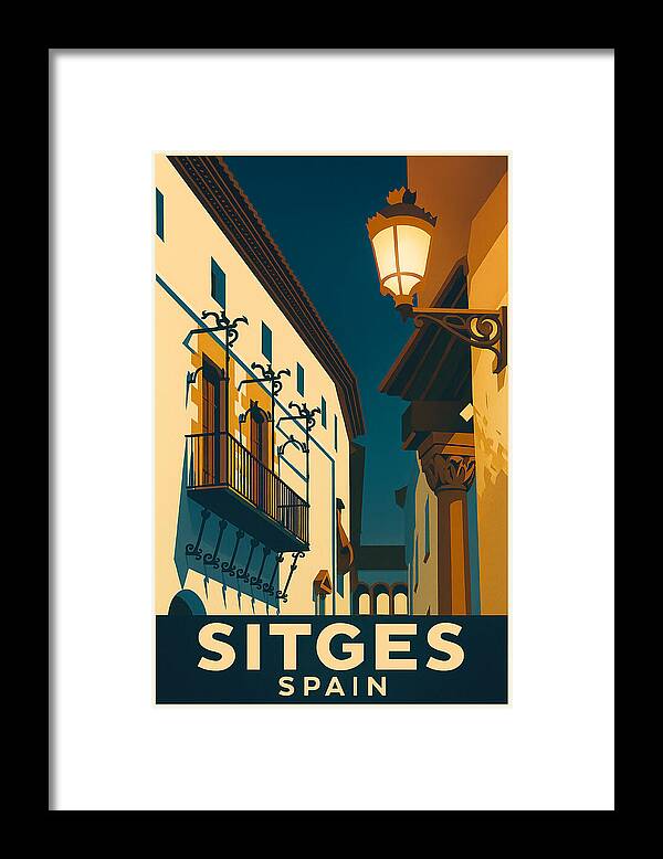 Vintage Sitges Travel Poster - Romantic Spanish Balcony at Night Framed Print