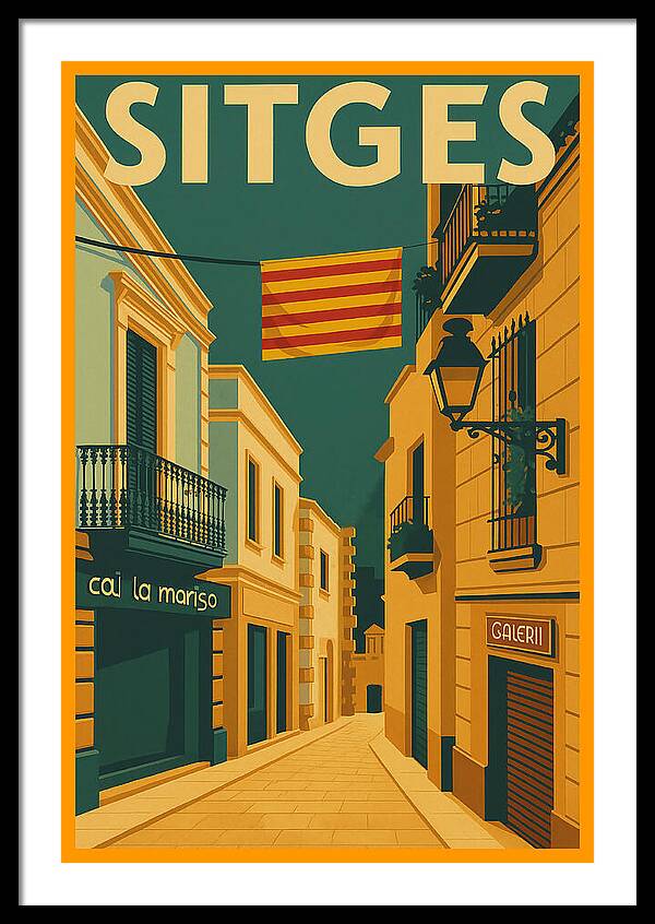Vintage Travel Poster of Sitges, Spain - Street with Catalan Flag Framed Print
