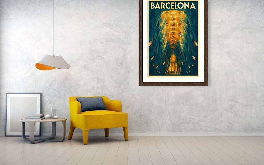 Barcelona Sagrada Familia Interior Ceiling Vintage Travel Poster Framed Print