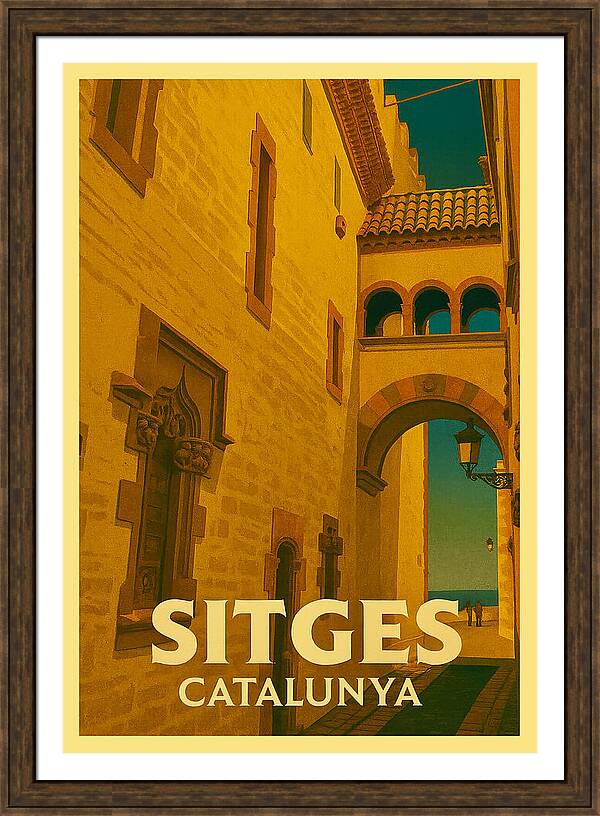 Sitges, Catalonia in Spain Vintage Poster Art Print - Archway to the Sea framed print by Sitges Posters