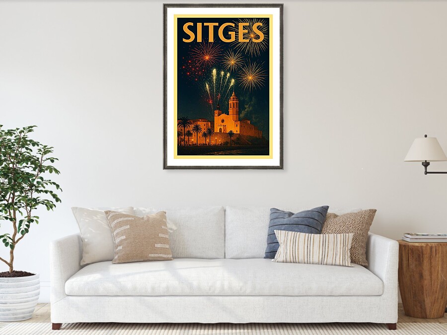Sitges Catalonia Spain Vintage Poster - Fireworks over the Iconic Church Framed Print