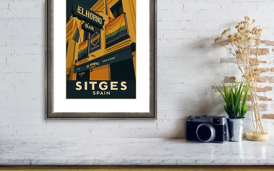 Vintage Sitges Poster - El Horno Bar and Rainbow Pride Flags Framed Print