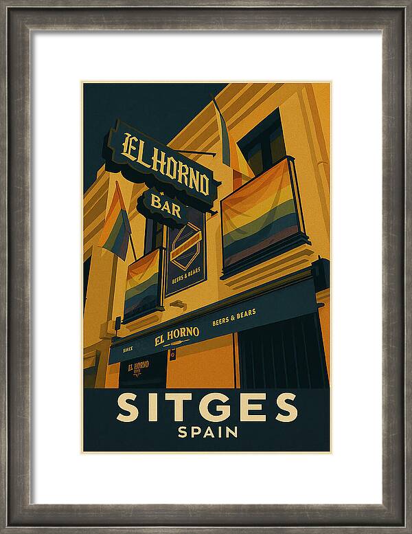 Vintage Sitges Poster - El Horno Bar and Rainbow Pride Flags Framed Print
