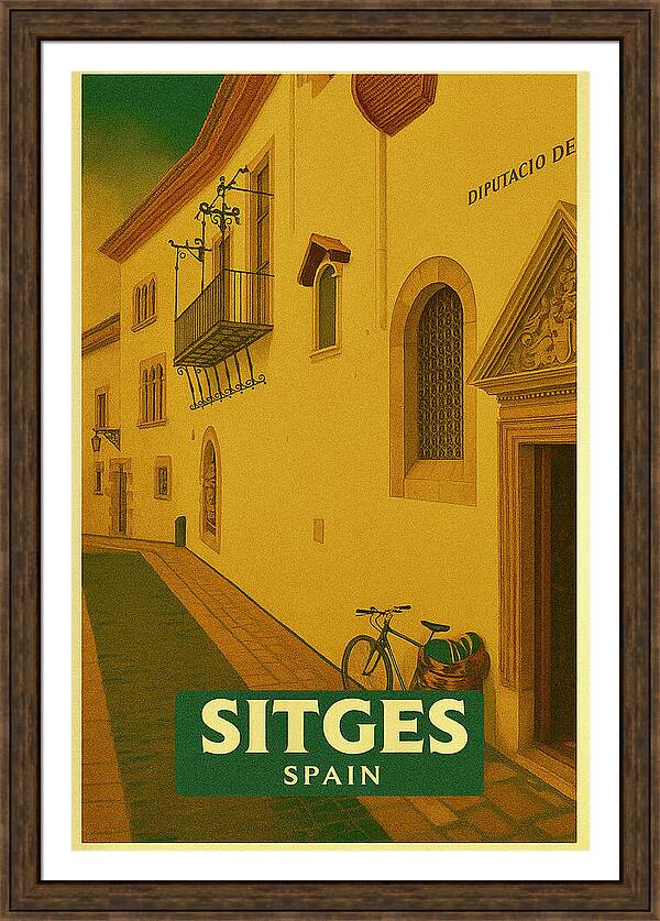 Vintage Sitges Street Scene Poster Bicycle And Classic Architecture Quiet Street in Sitges Spain