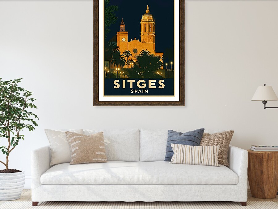 Vintage Travel Poster of Sitges Church - Sant Bartomeu at Night Framed Print
