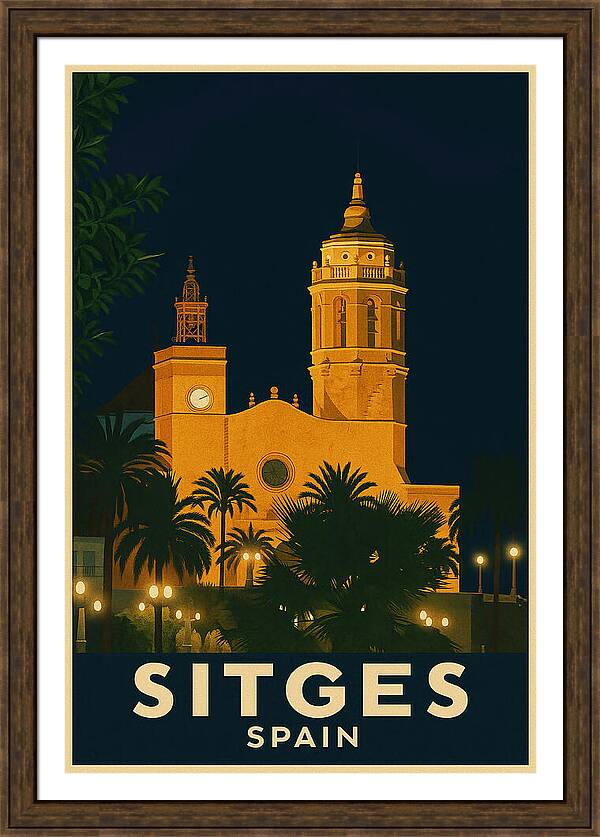 Vintage Travel Poster of Sitges Church - Sant Bartomeu at Night Framed Print