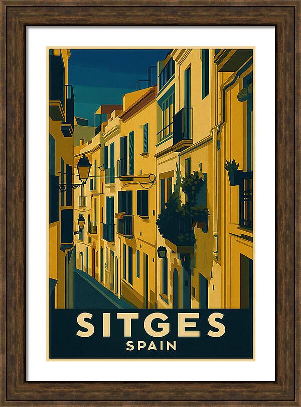 Vintage Travel Poster of Sitges, Spain - Narrow Alley and Balconies Framed Print