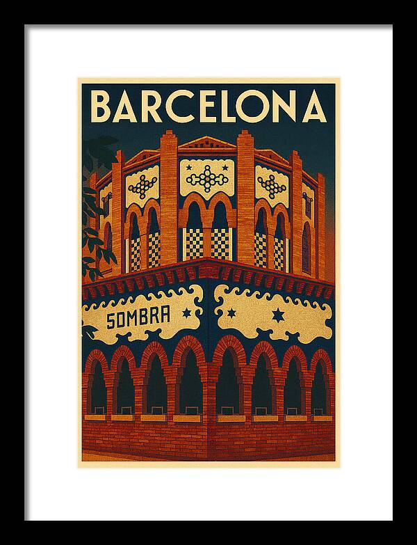 Barcelona La Monumental Bullring Sombra Gate Vintage Travel Poster Framed Print