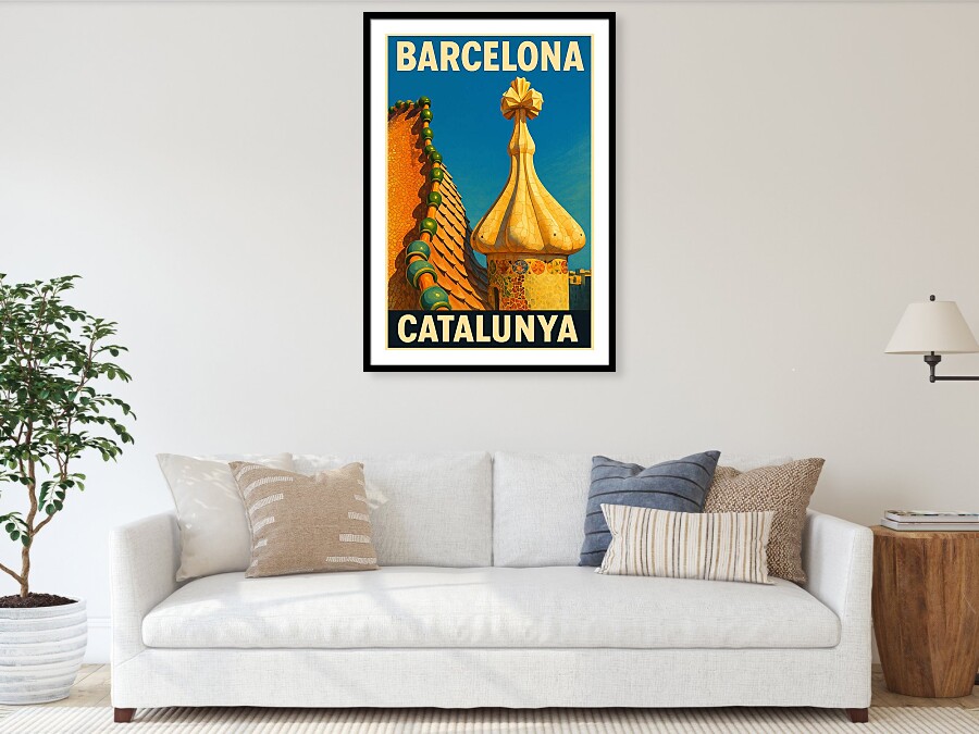 Casa Batllo Rooftop Barcelona Vintage Travel Poster Framed Print