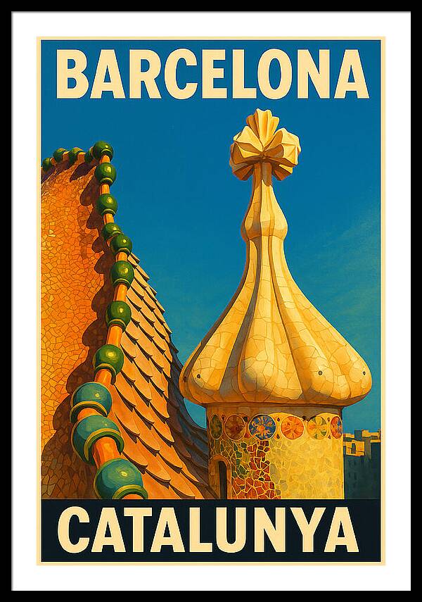 Casa Batllo Rooftop Barcelona Vintage Travel Poster Framed Print